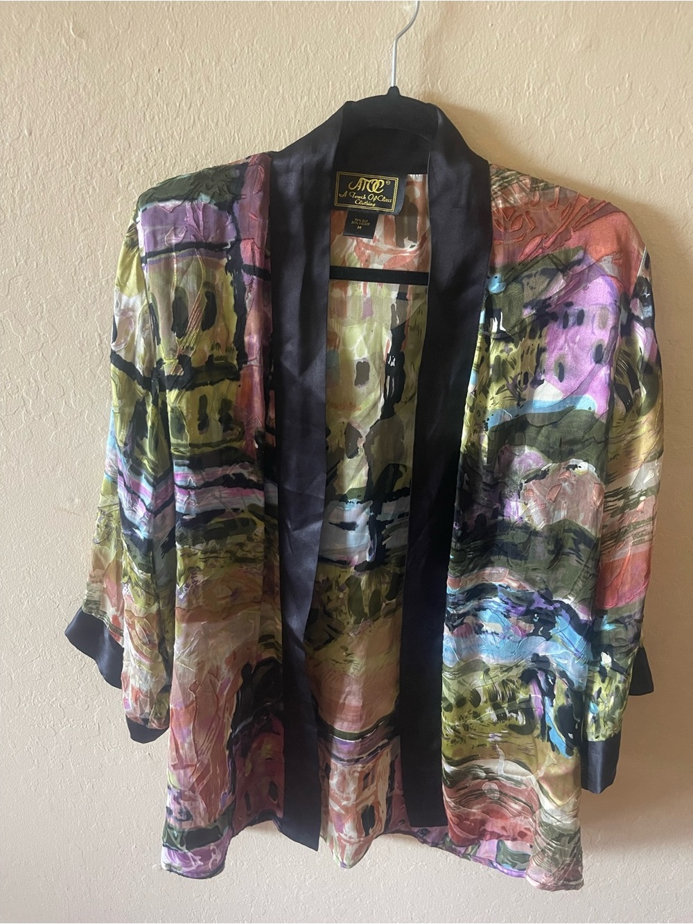 ATC - A Touch Of Class Multicolor Abstract Floral Kimono with Black Trim Vintage
